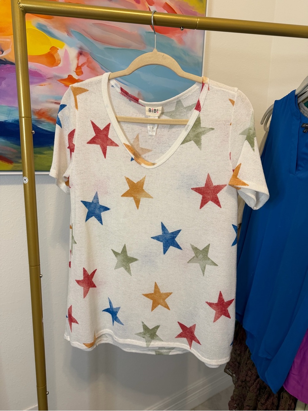 BiBi White Star Print‎ V-Neck Tee small oversized